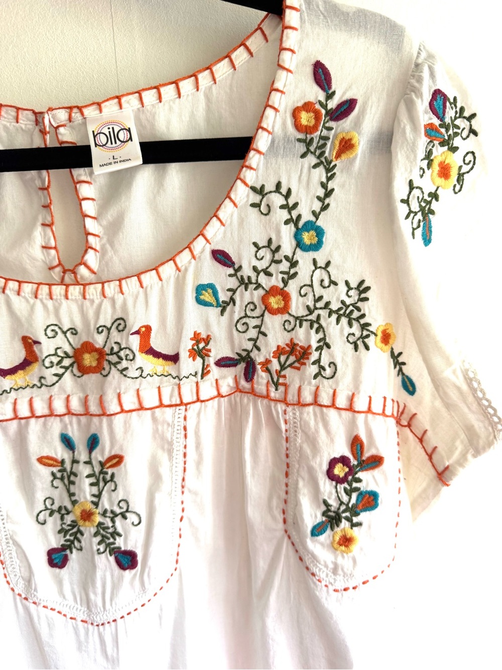 Bila Embroidered White Peasant Blouse with Floral Detail